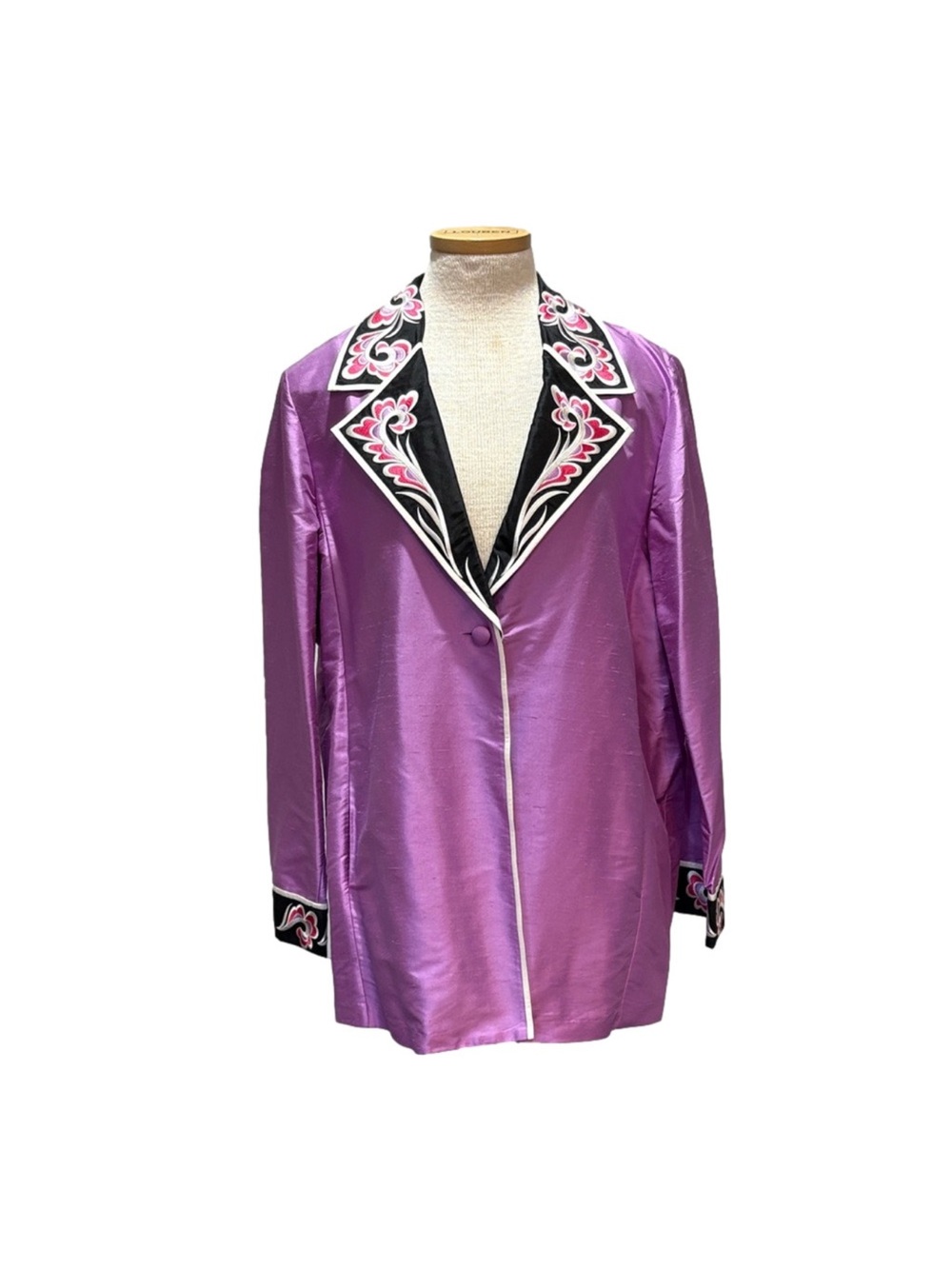Bob Mackie Lavender 100% SILK BrocadeBlazer with Embroidered Black & Pink Collar
